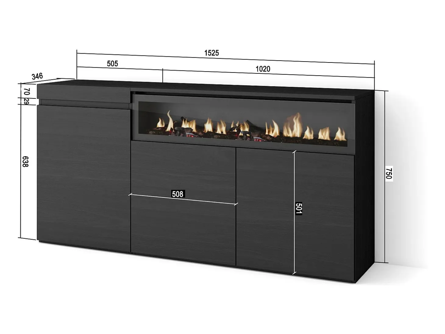 Aparadores para salón, 150x35x75cm, 3 Puertas, Chimenea eléctrica, Negro