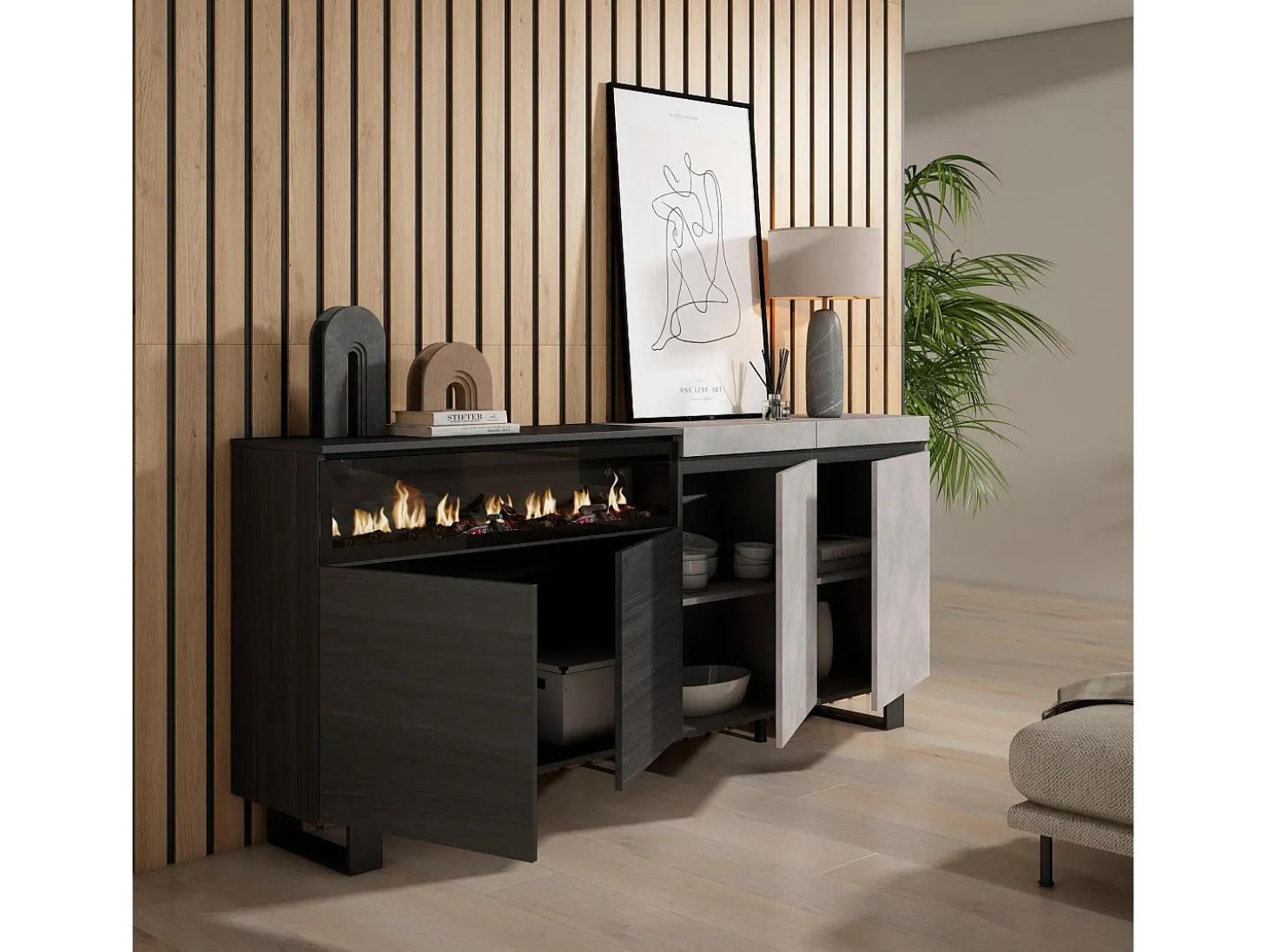Aparadores para salón, 200x35x87cm, 4 Puertas, Chimenea eléctrica, Diseño industrial, Cemento