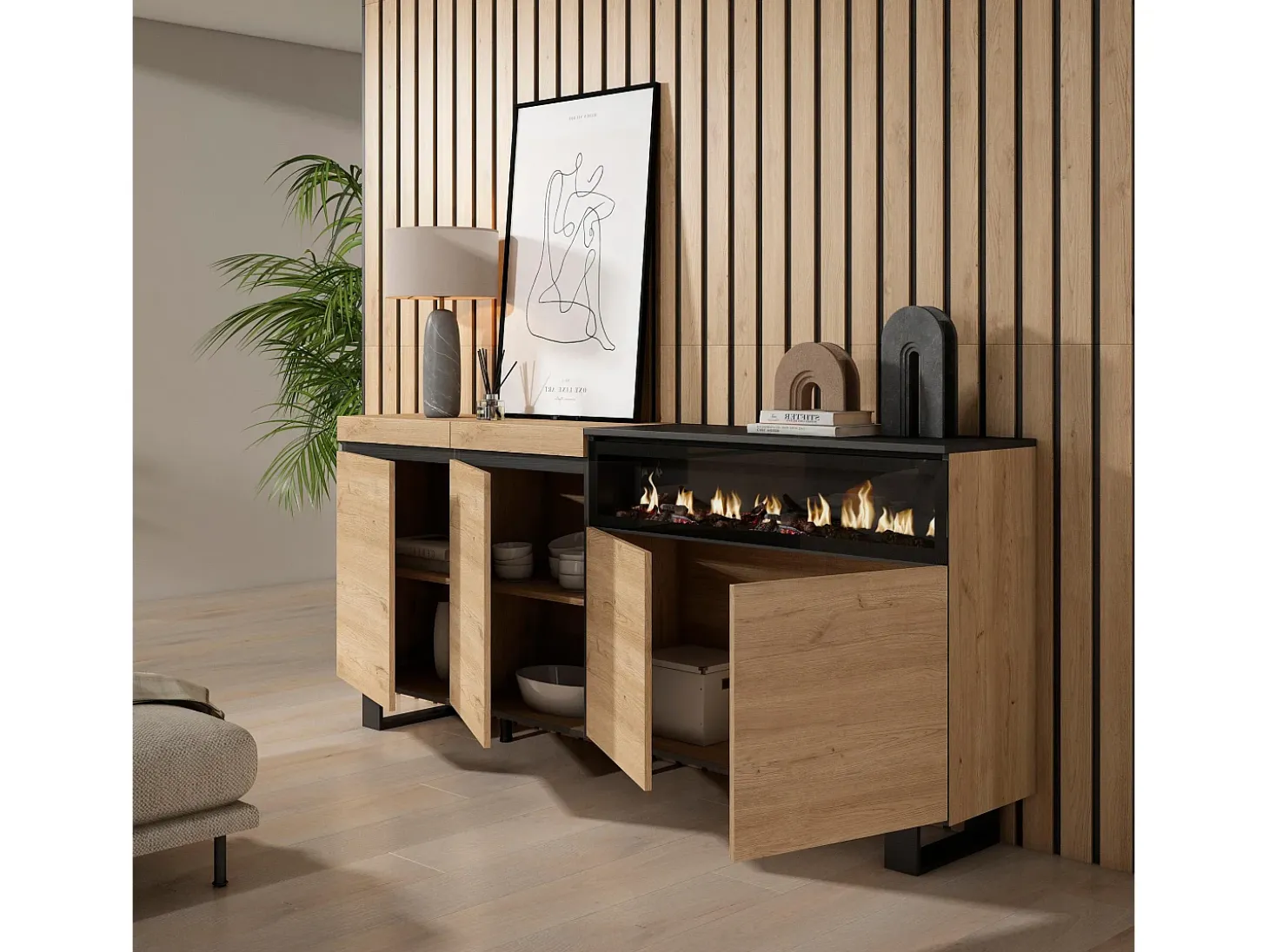 Aparadores para salón, 200x35x87cm, 4 Puertas, Chimenea eléctrica, Diseño industrial, Roble y negro