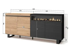 Aparadores para salón, 200x35x87cm, 4 Puertas, Chimenea eléctrica, Diseño industrial, Roble y negro