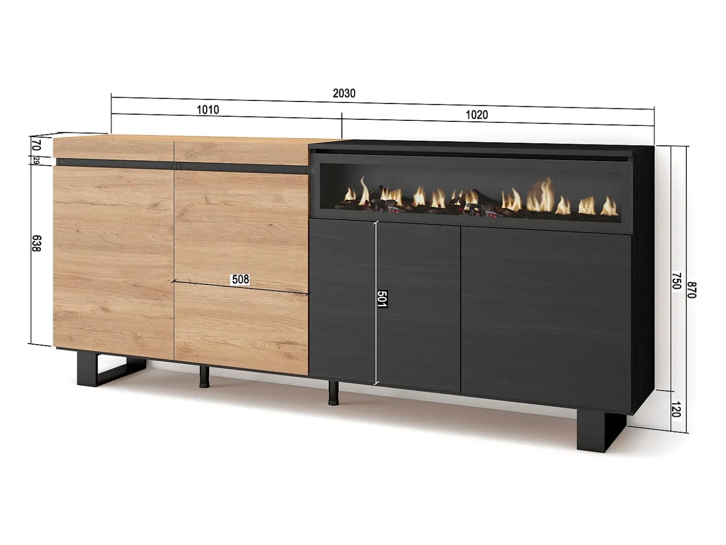 Aparadores para salón, 200x35x87cm, 4 Puertas, Chimenea eléctrica, Diseño industrial, Roble y negro