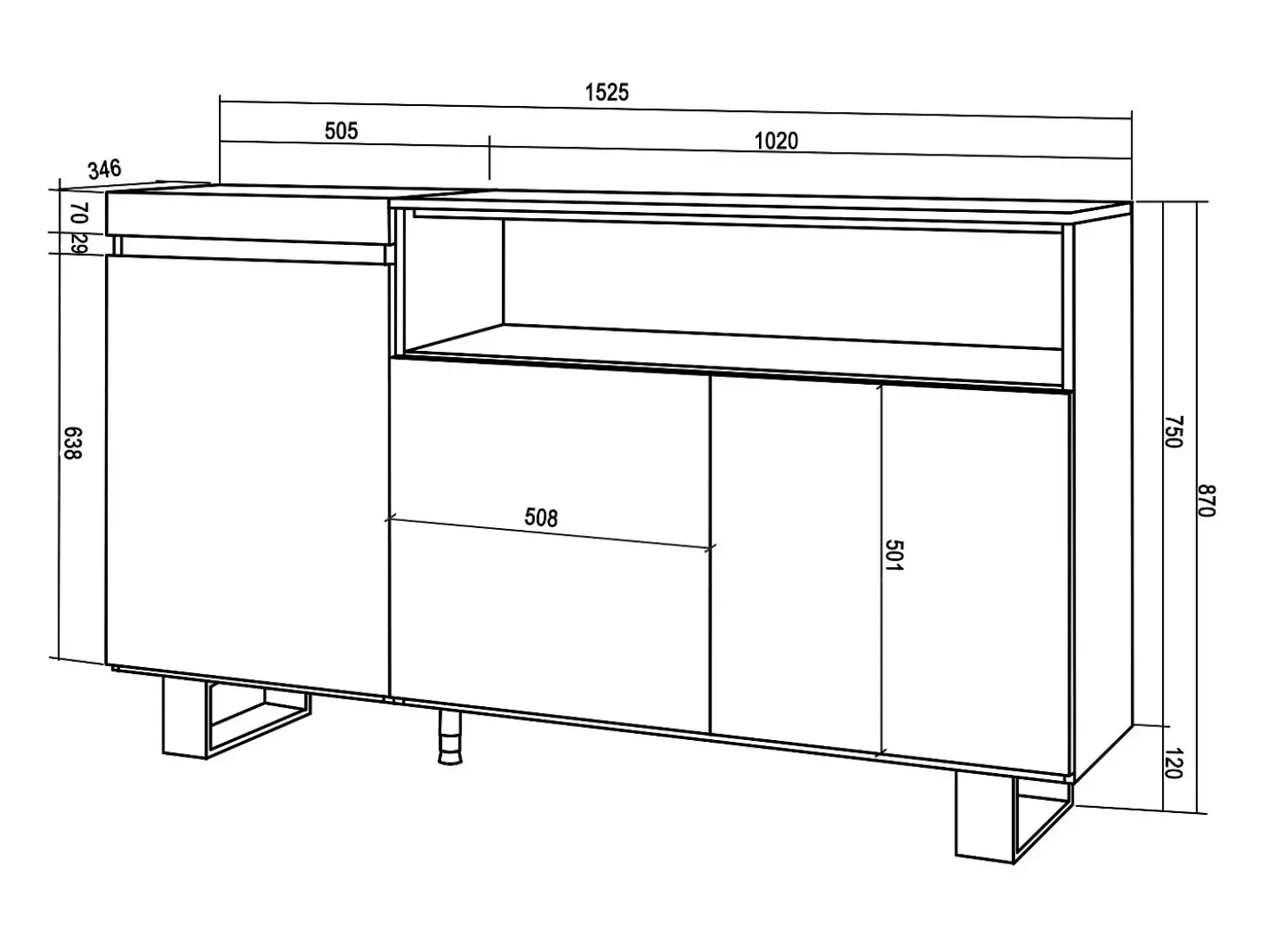 Aparadores para salón, 150x35x87cm, 3 Puertas, Diseño industrial, Cemento