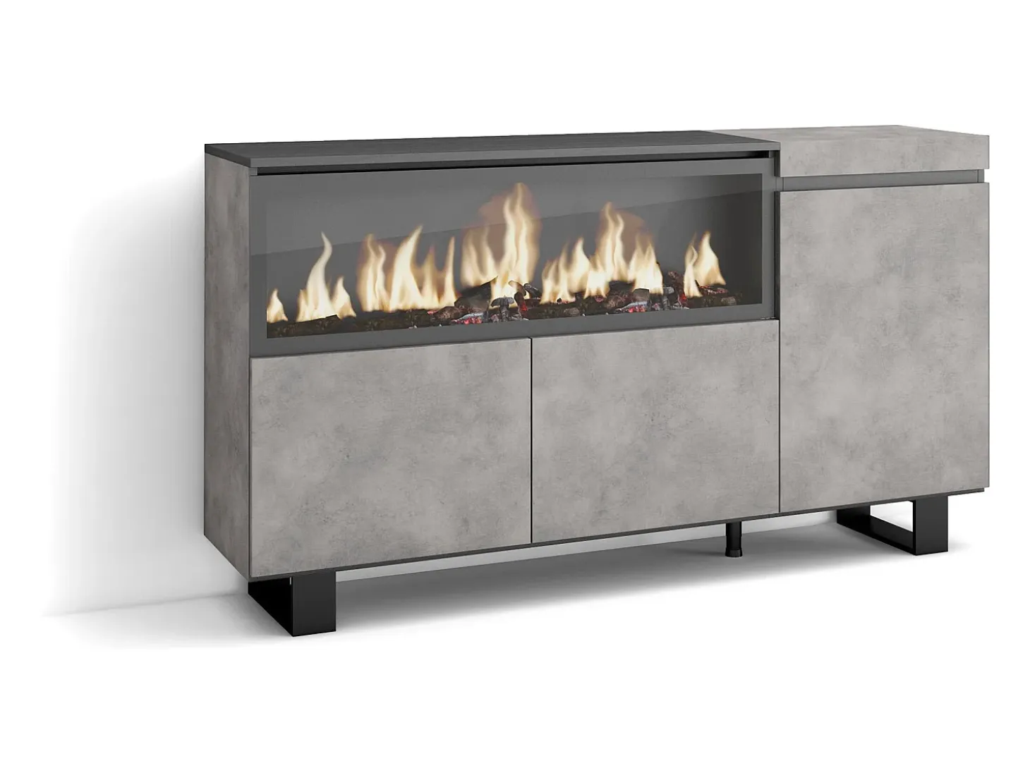 Aparadores para salón, 158x35x87cm, 3 Puertas, Chimenea eléctrica XXL, Diseño industrial, Cemento
