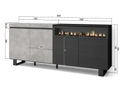 Aparadores para salón, 200x35x87cm, 4 Puertas, Chimenea eléctrica, Diseño industrial, Cemento