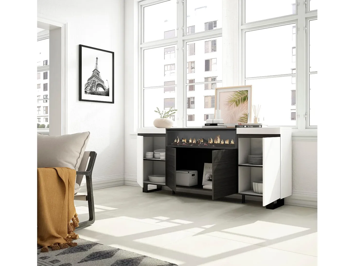 Aparadores para salón, 200x35x87cm, 4 Puertas, Chimenea eléctrica, Diseño industrial, Blanco y negro