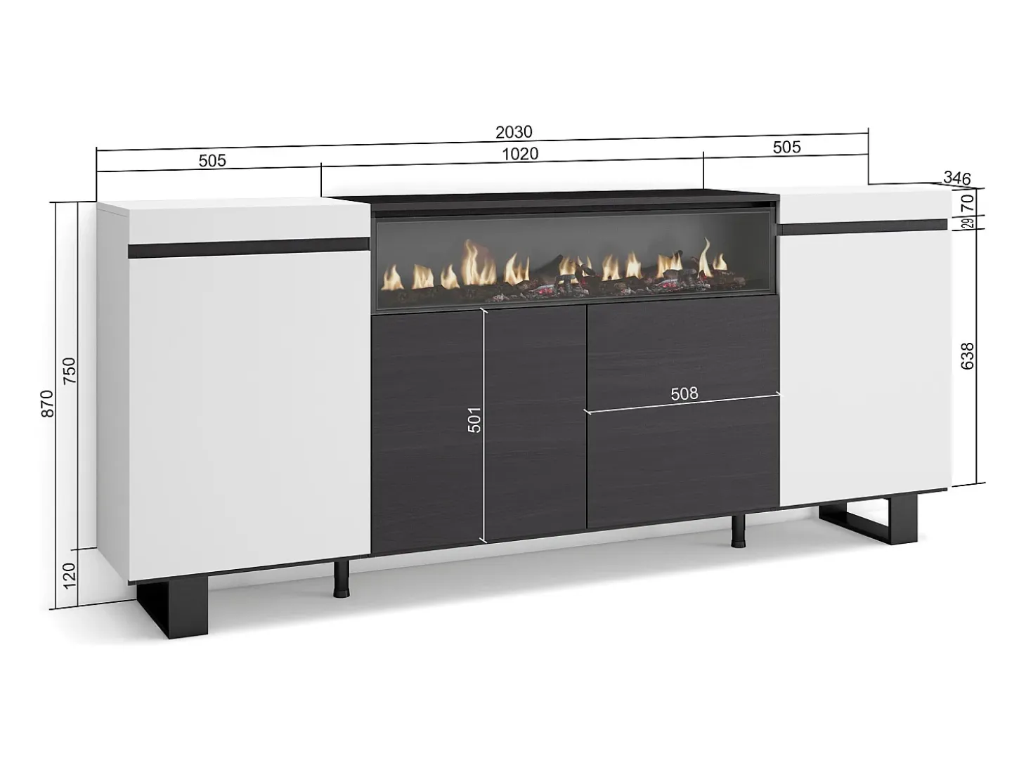Aparadores para salón, 200x35x87cm, 4 Puertas, Chimenea eléctrica, Diseño industrial, Blanco y negro