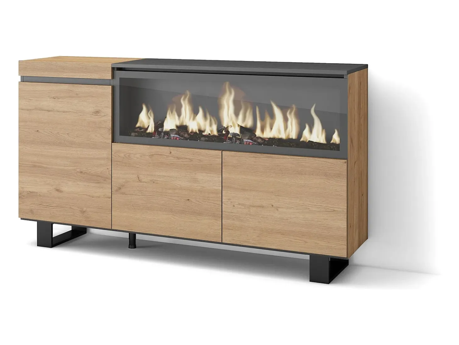 Aparadores para salón, 158x35x87cm, 3 Puertas, Chimenea eléctrica XXL, Diseño industrial, Roble