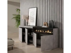 Aparadores para salón, 200x35x75cm, 4 Puertas, Chimenea eléctrica, Cemento