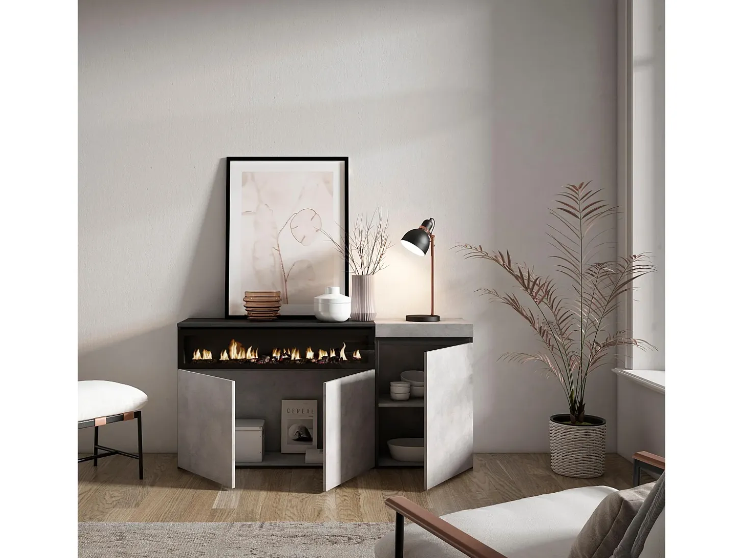 Aparadores para salón, 150x35x75cm, 3 Puertas, Chimenea eléctrica, Cemento