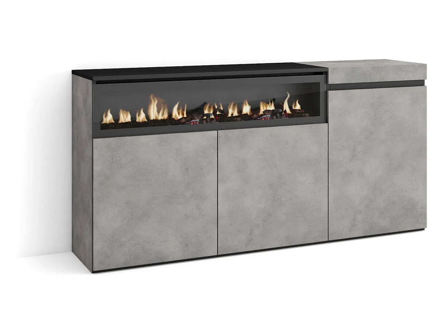 Aparadores para salón, 150x35x75cm, 3 Puertas, Chimenea eléctrica, Cemento