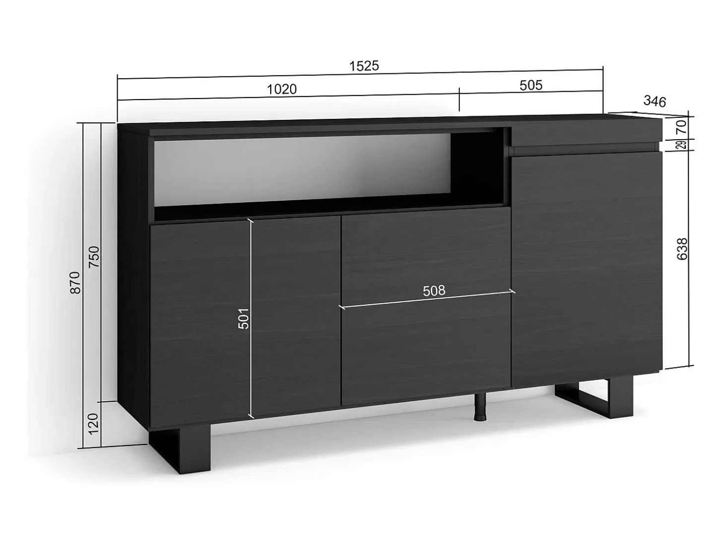 Aparadores para salón, 150x35x87cm, 3 Puertas, Diseño industrial, Negro