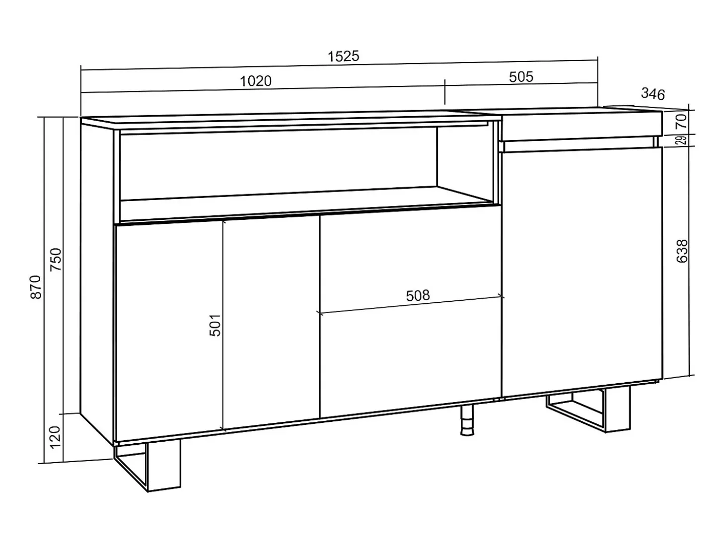Aparadores para salón, 150x35x87cm, 3 Puertas, Diseño industrial, Negro