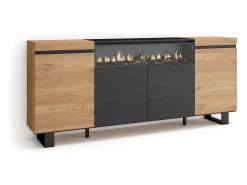 Aparadores para salón, 200x35x87cm, 4 Puertas, Chimenea eléctrica, Diseño industrial, Roble y negro