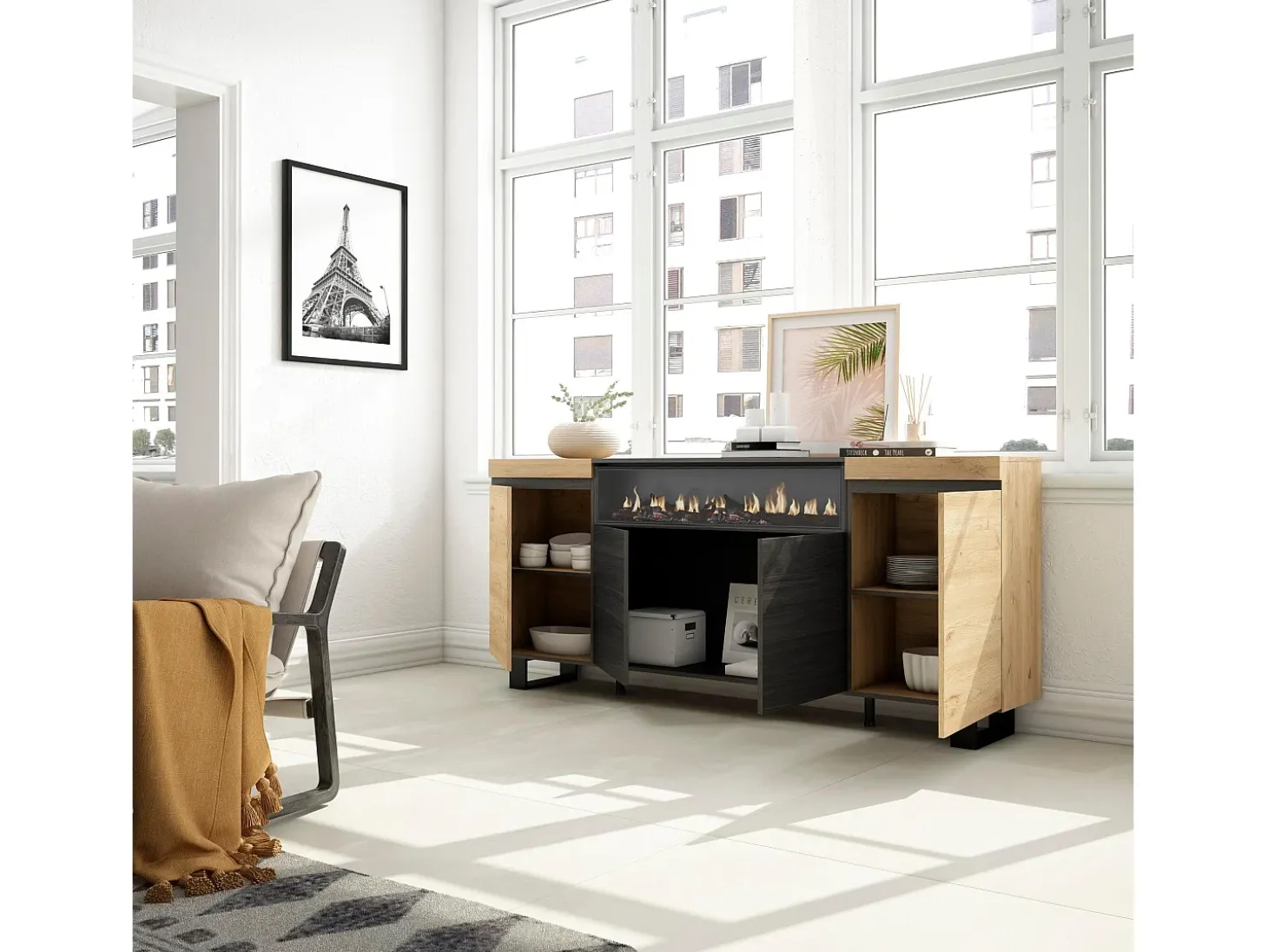 Aparadores para salón, 200x35x87cm, 4 Puertas, Chimenea eléctrica, Diseño industrial, Roble y negro