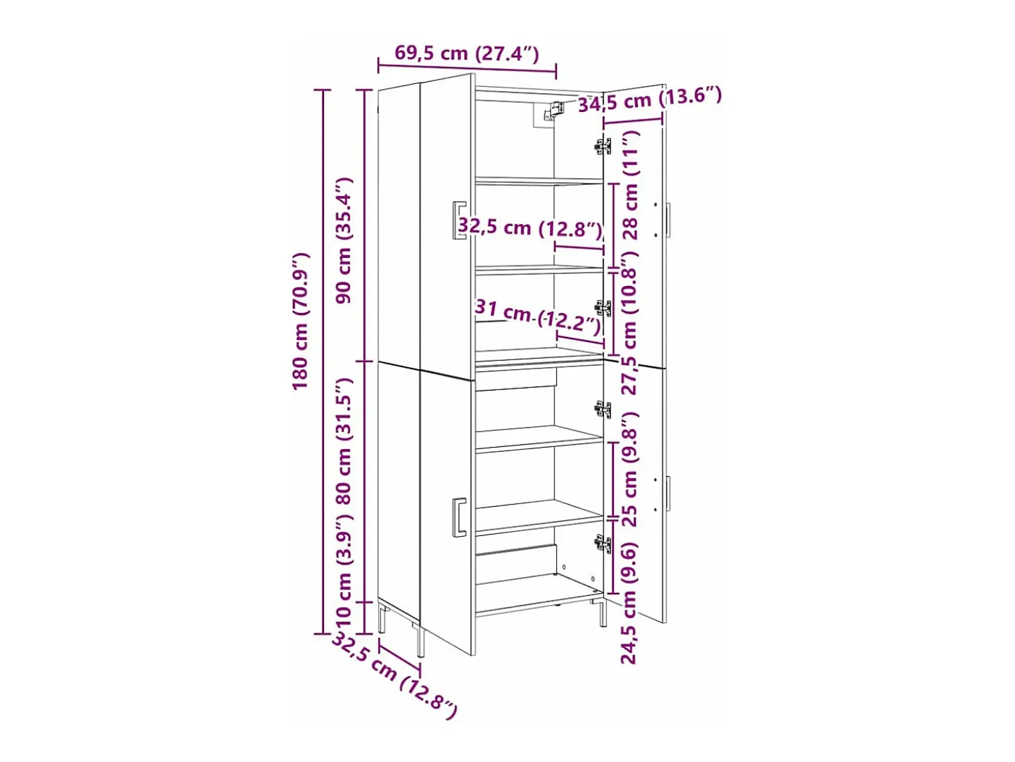 Armario alto de madera antigua 69,5 x 34 x 180 cm Madera de ingeniería