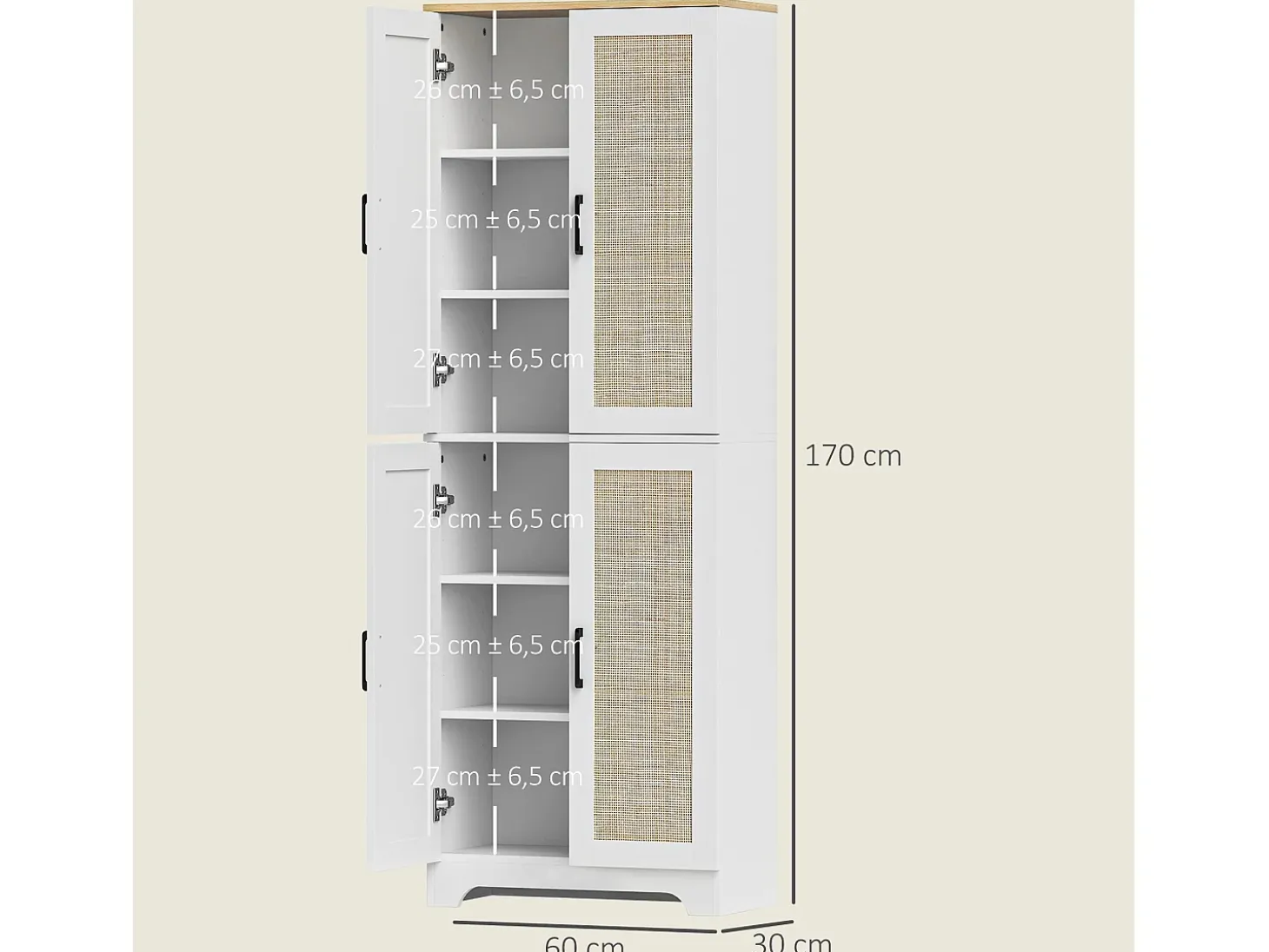 Armario auxiliar Boho Homcom 4 puertas 6 estantes ajustables blanco/natural 170x60x30 cm