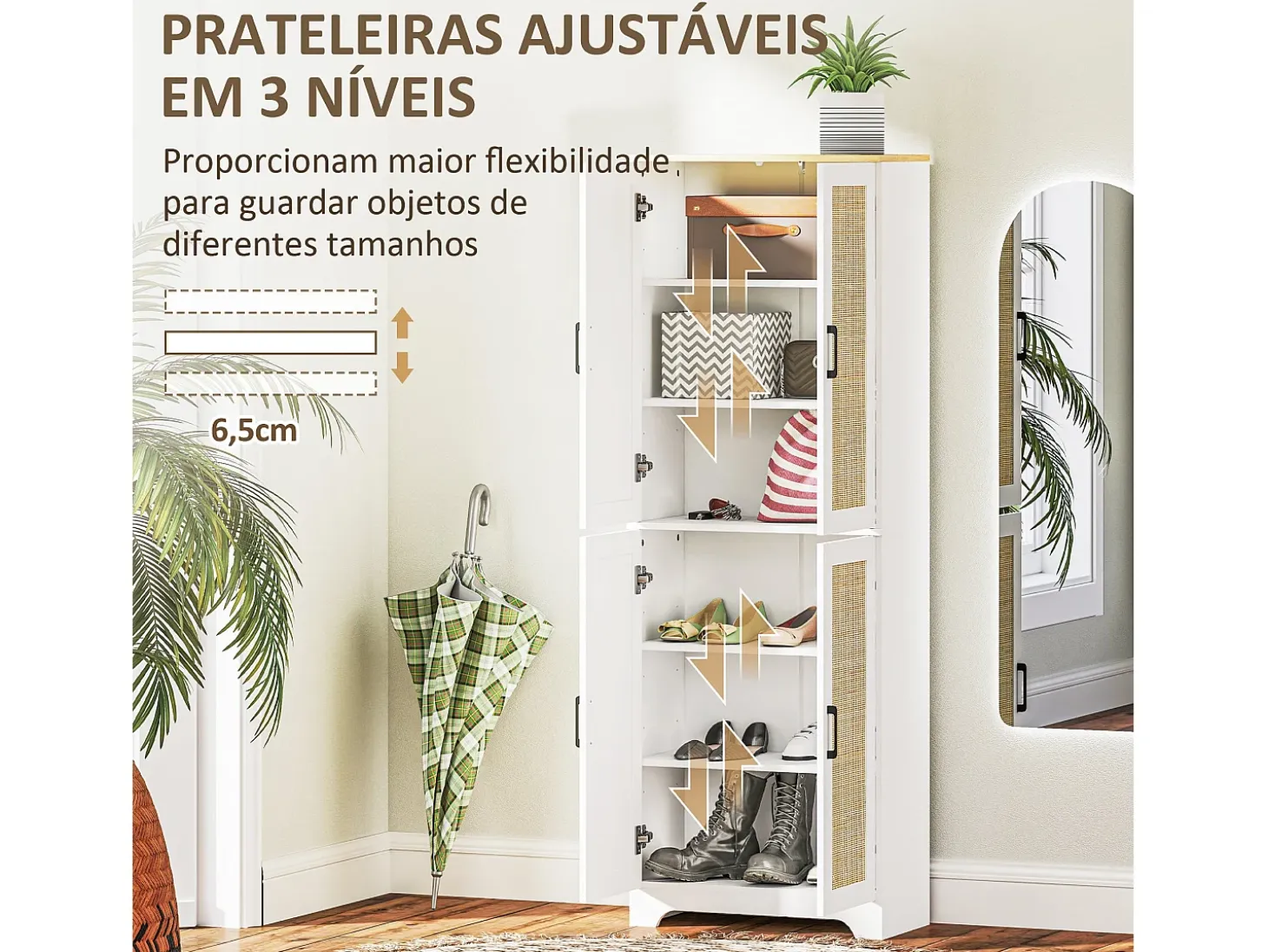 Armario auxiliar Boho Homcom 4 puertas 6 estantes ajustables blanco/natural 170x60x30 cm