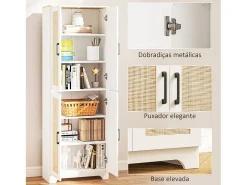 Armario auxiliar Boho Homcom 4 puertas 6 estantes ajustables blanco/natural 170x60x30 cm