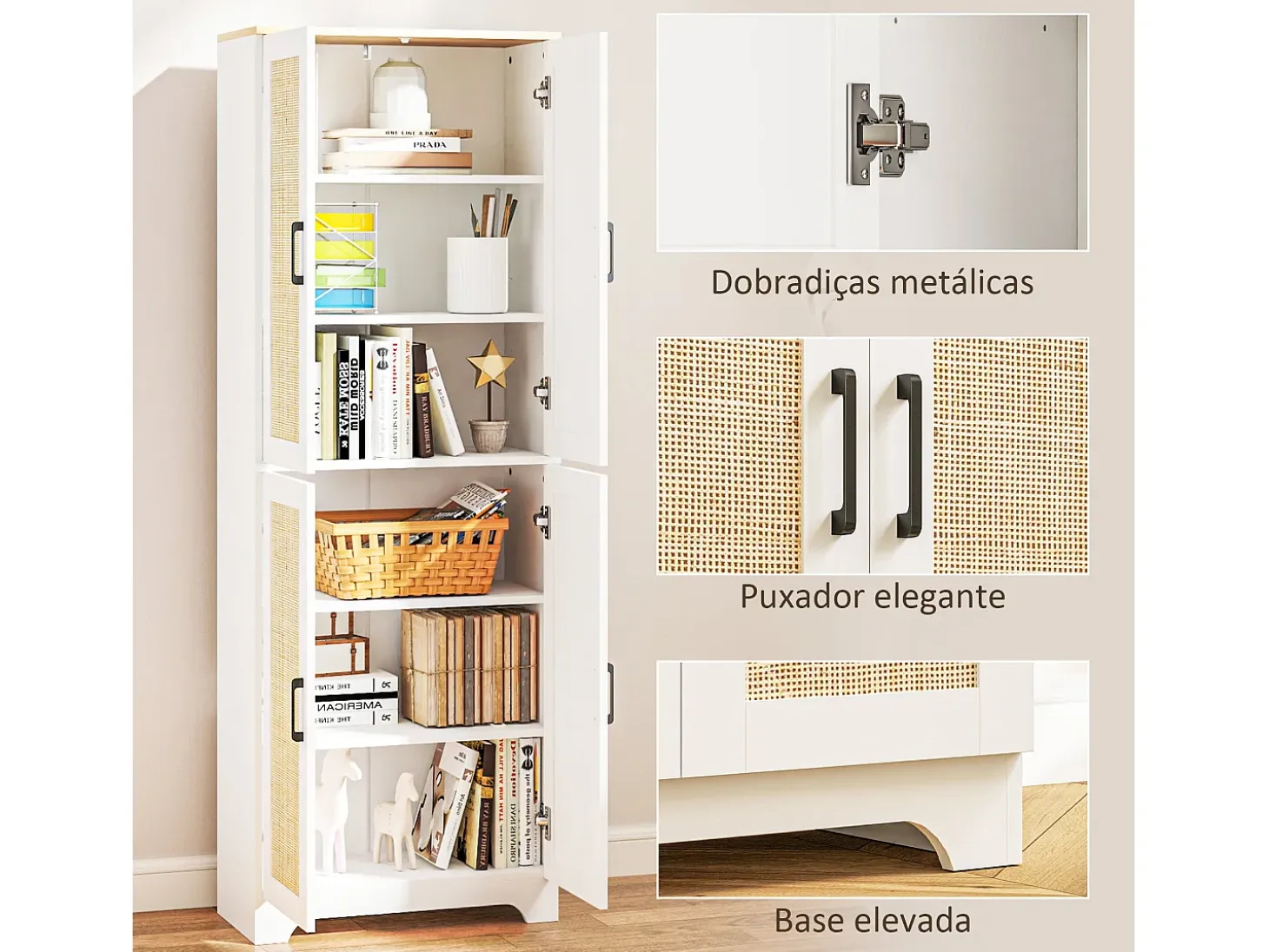 Armario auxiliar Boho Homcom 4 puertas 6 estantes ajustables blanco/natural 170x60x30 cm