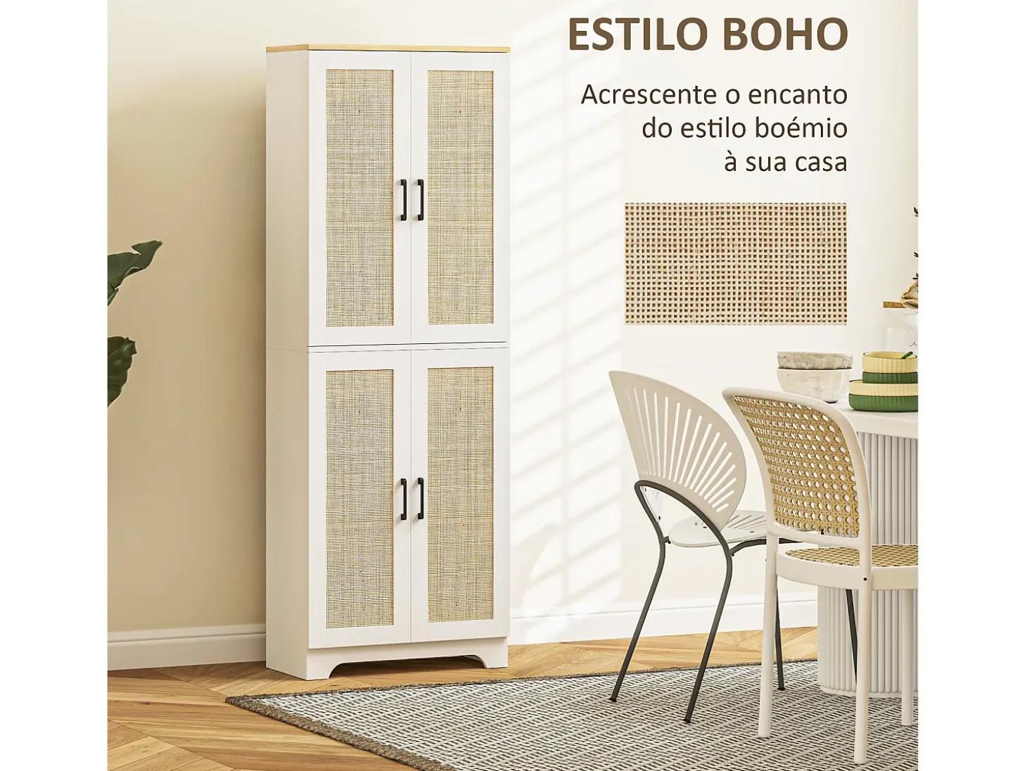 Armario auxiliar Boho Homcom 4 puertas 6 estantes ajustables blanco/natural 170x60x30 cm