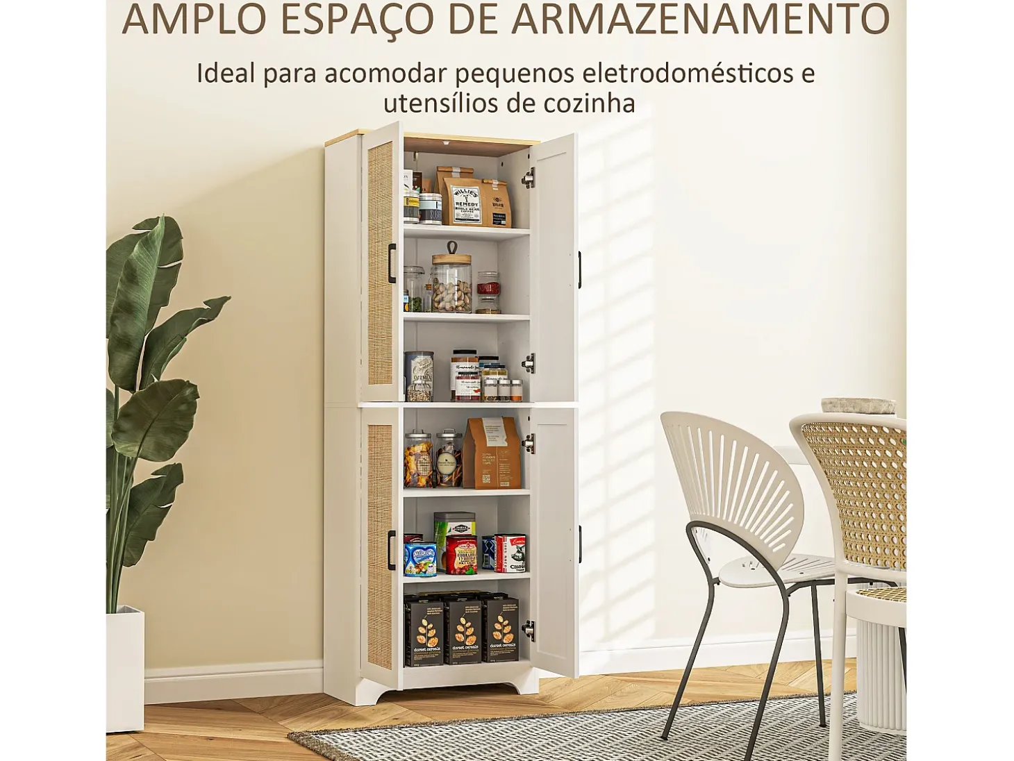Armario auxiliar Boho Homcom 4 puertas 6 estantes ajustables blanco/natural 170x60x30 cm