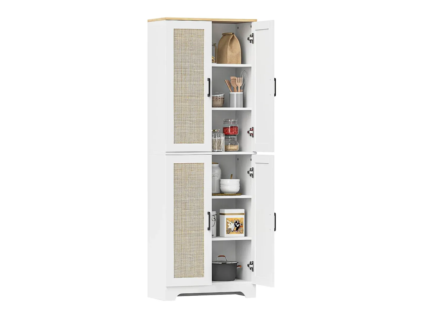 Armario auxiliar Boho Homcom 4 puertas 6 estantes ajustables blanco/natural 170x60x30 cm