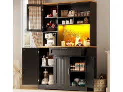 Armario de cocina, mueble alto/expositor con iluminación LED, 104x40x180 cm, negro