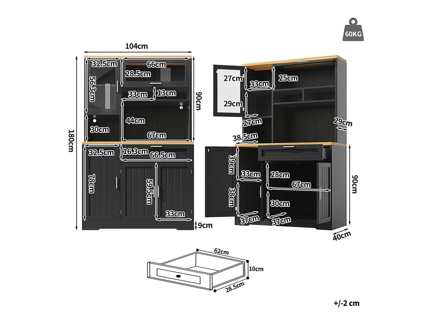 Armario de cocina, mueble alto/expositor con iluminación LED, 104x40x180 cm, negro
