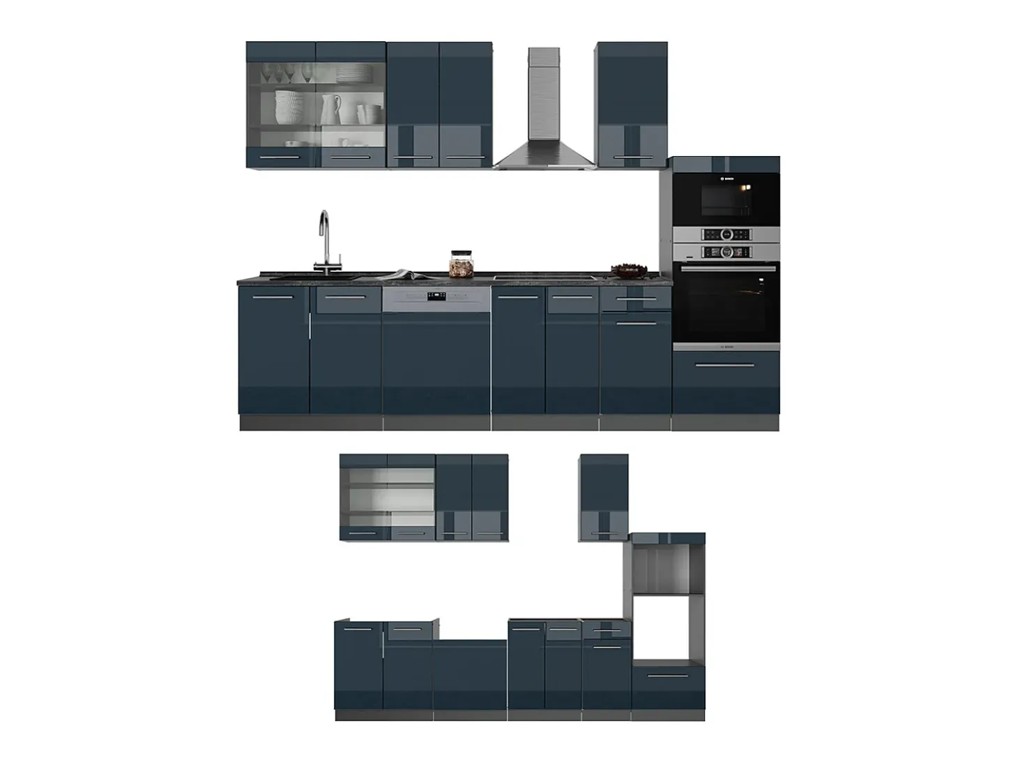 Armarios de cocina azul oscuro alto brillo/antracita 300x46x81.6 fame-line
