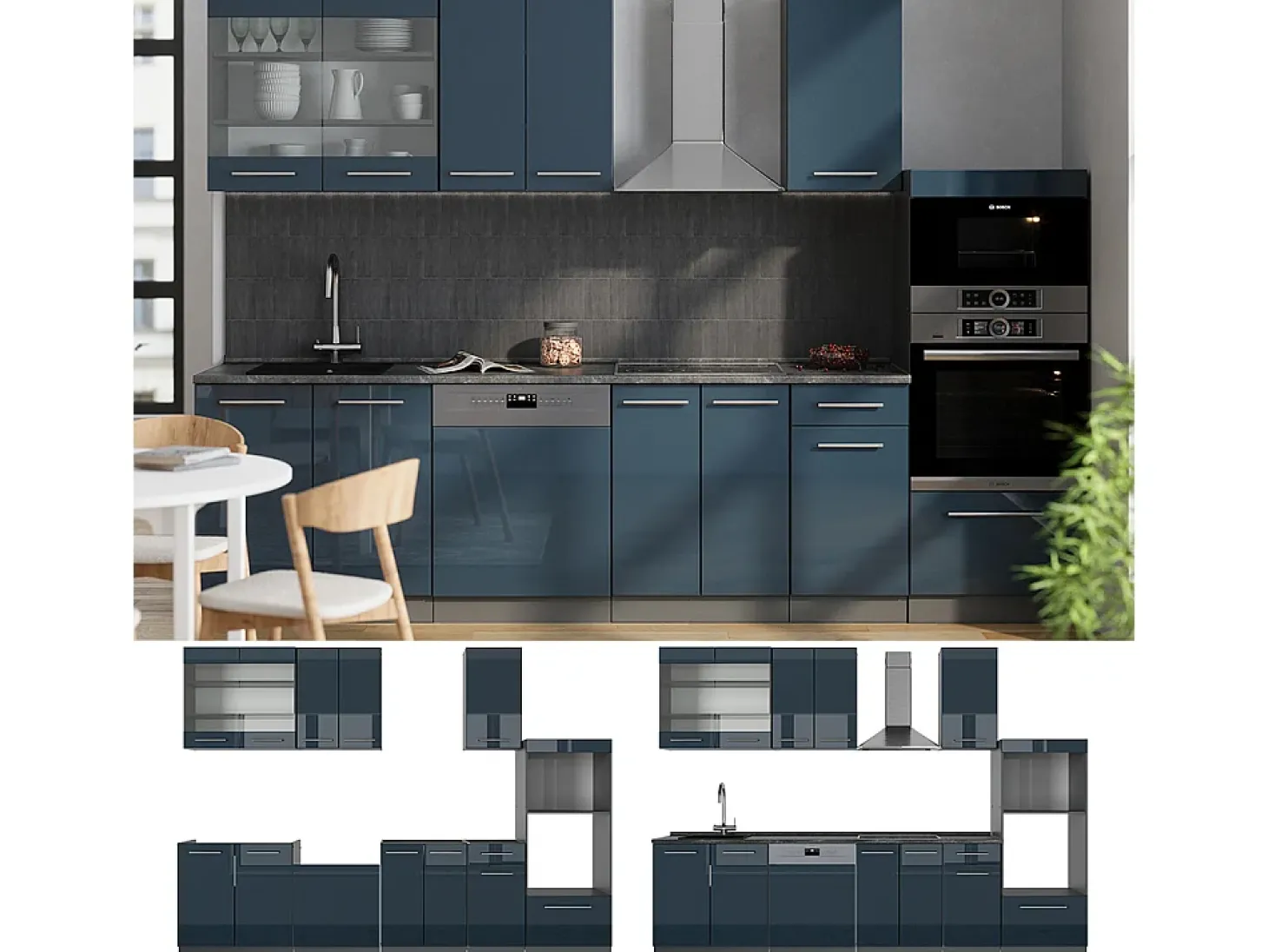 Armarios de cocina azul oscuro alto brillo/antracita 300x46x81.6 fame-line