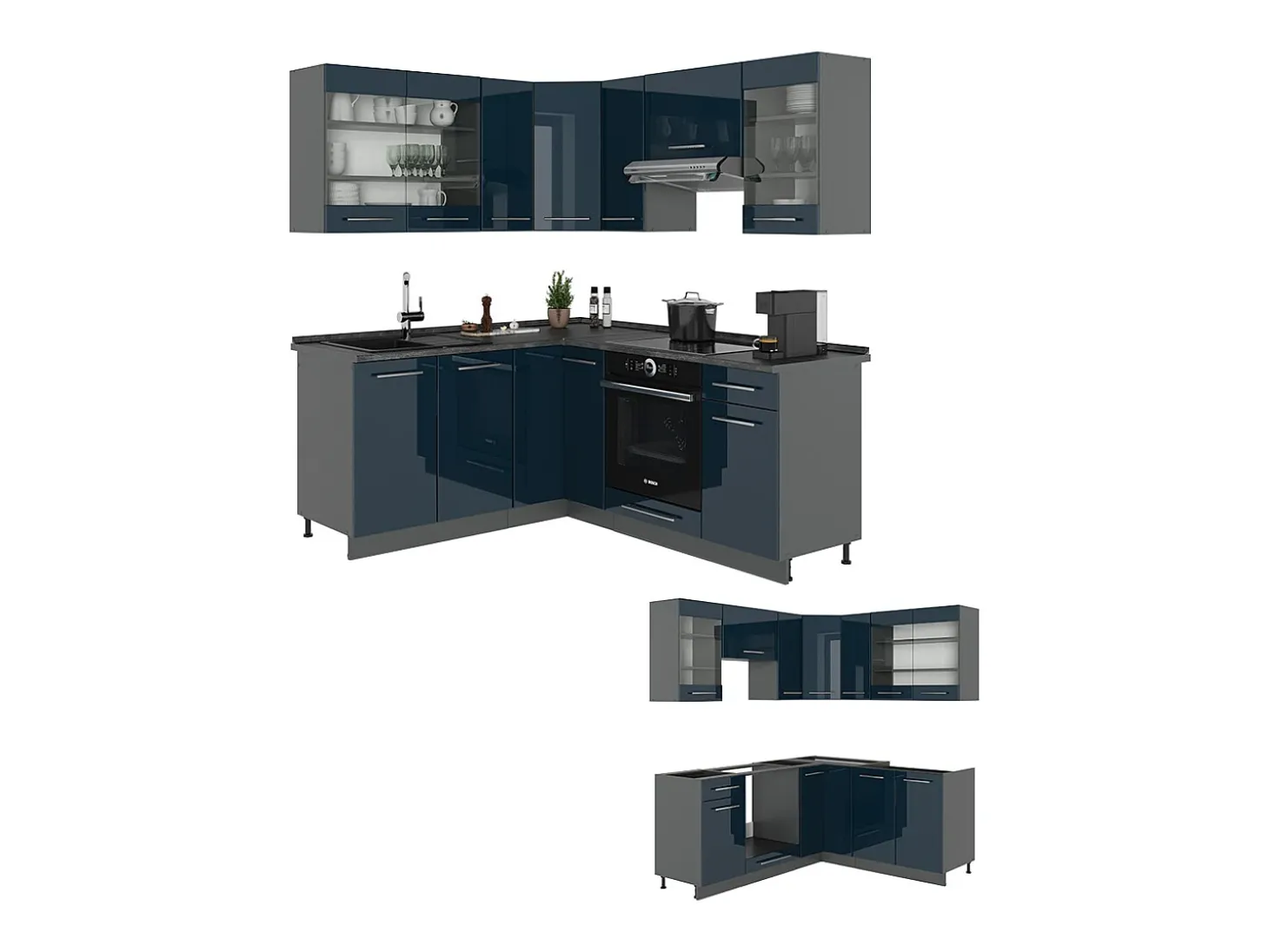 Armarios de cocina azul oscuro alto brillo/antracita 190x46x81.6 fame-line