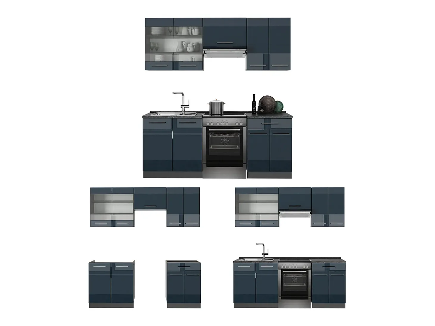 Armarios de cocina azul oscuro alto brillo/antracita 200x60x81.6 fame-line