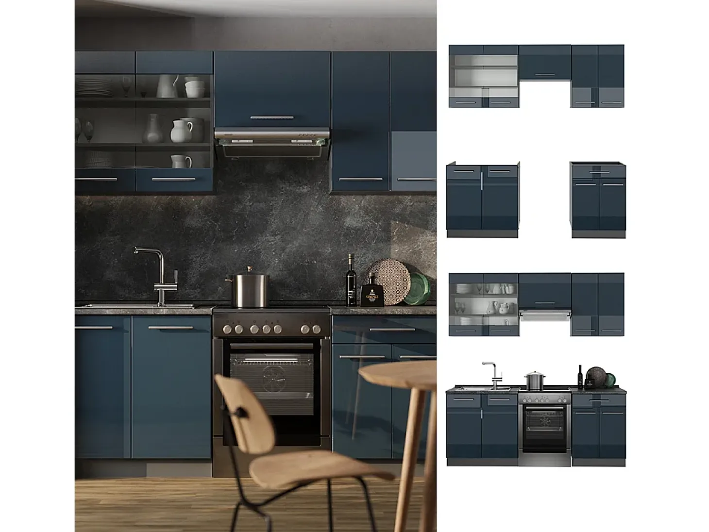 Armarios de cocina azul oscuro alto brillo/antracita 200x60x81.6 fame-line