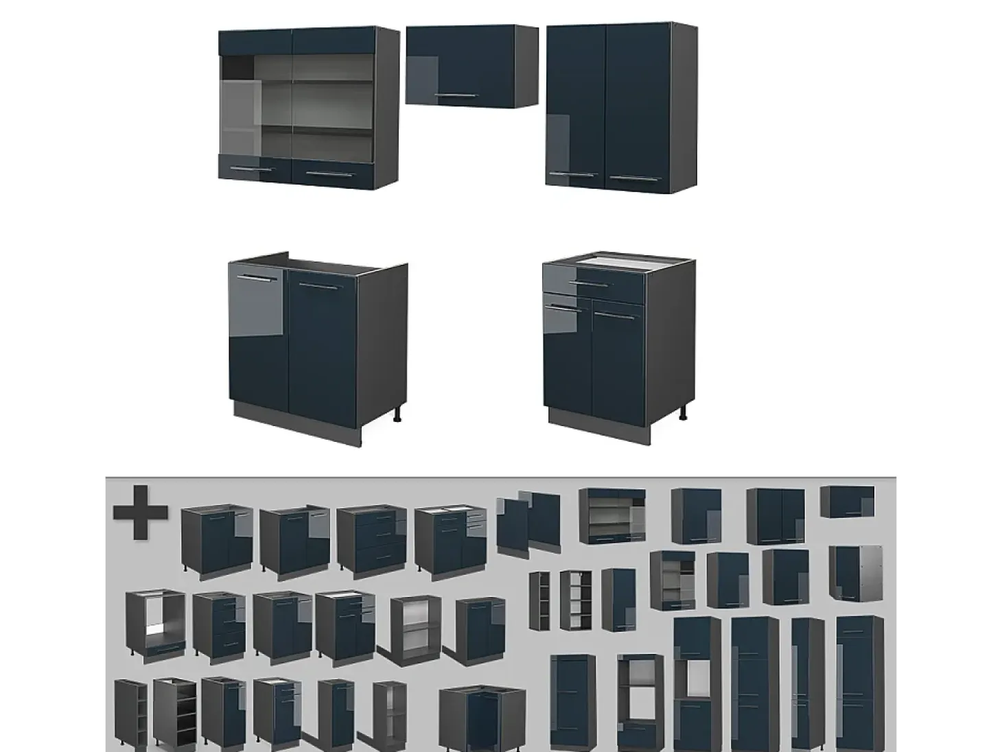 Armarios de cocina azul oscuro alto brillo/antracita 200x60x81.6 fame-line