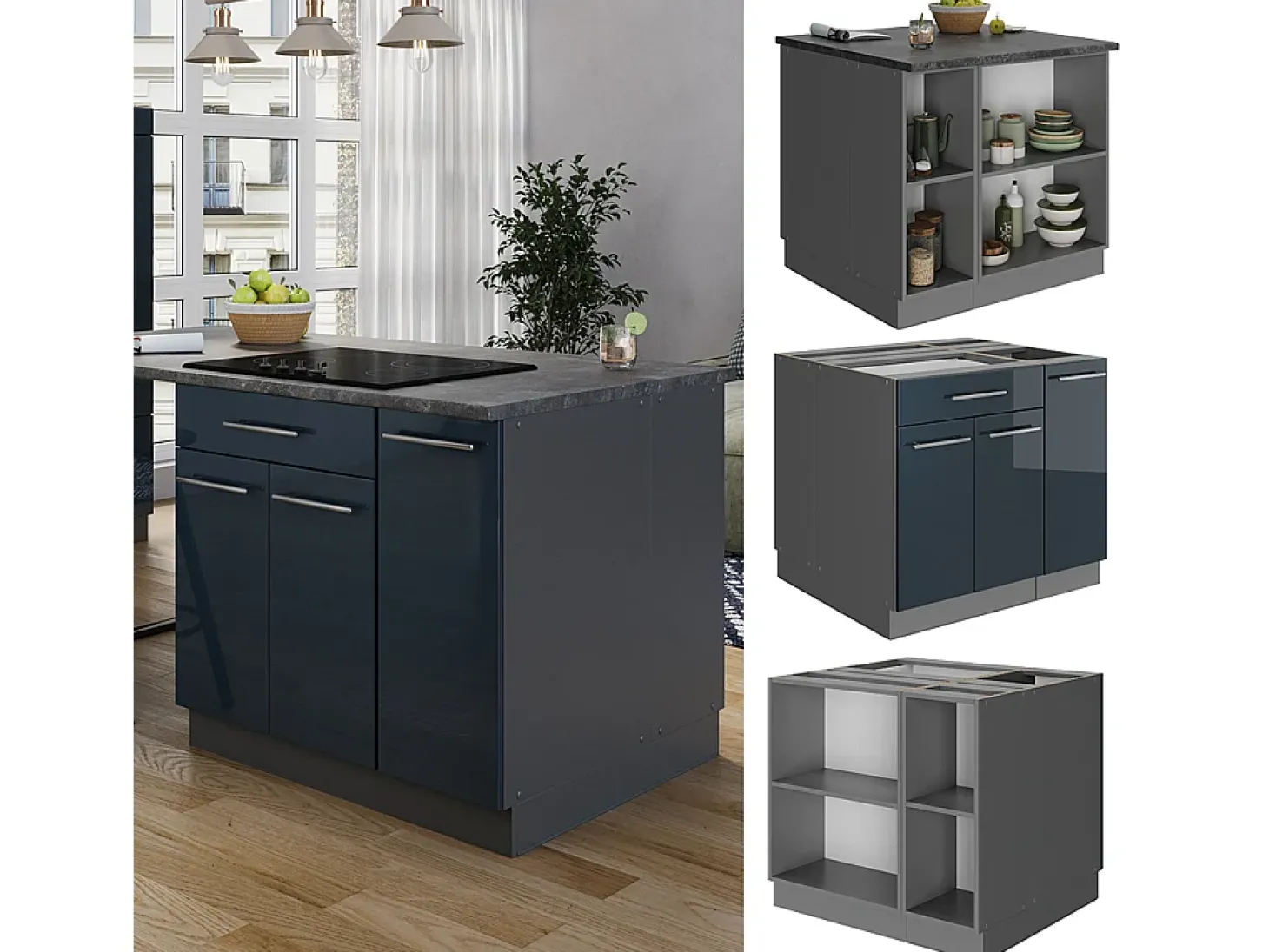 Armarios de cocina azul oscuro alto brillo 90x60x82 fame-line