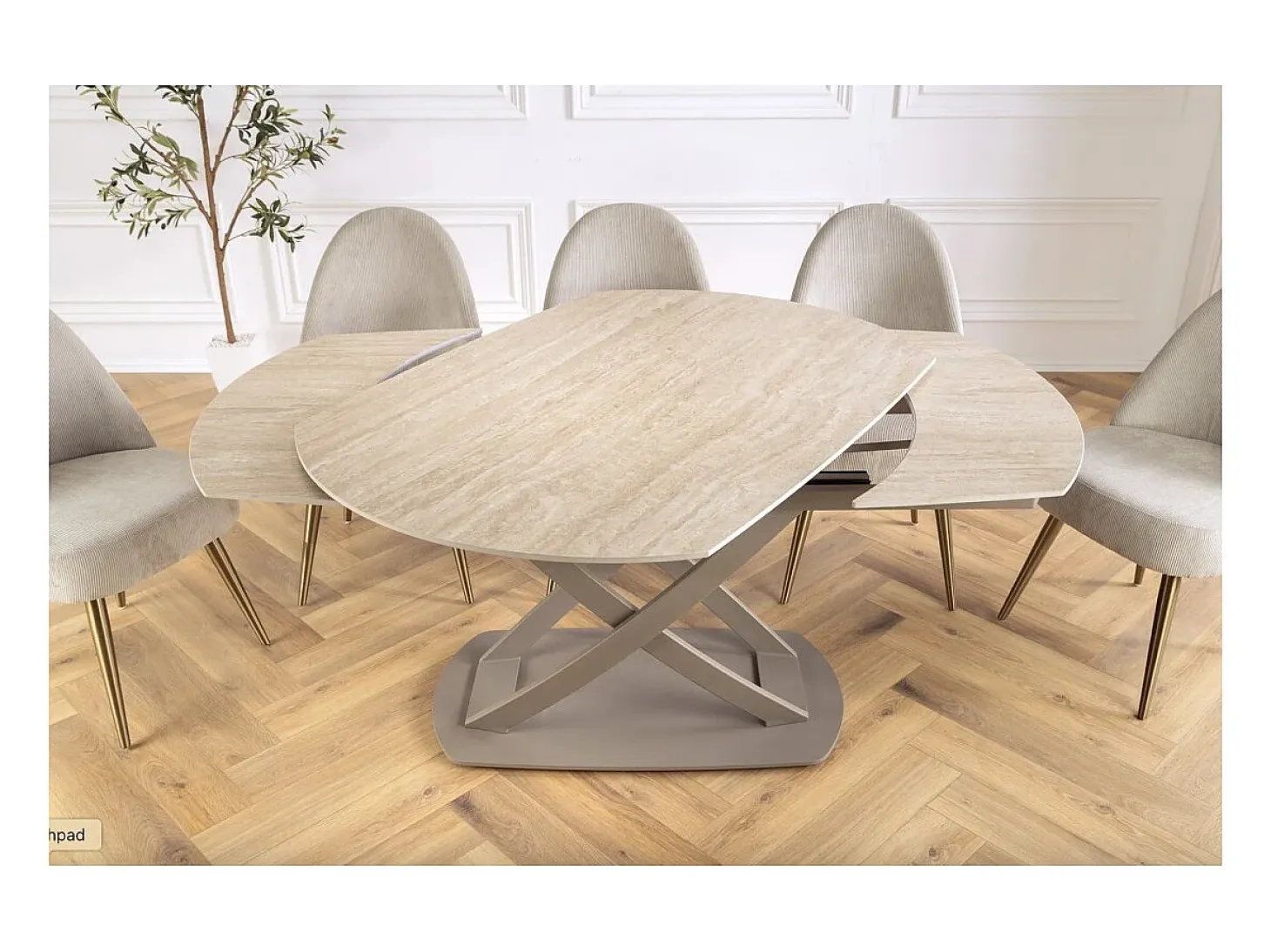 ATONIA – Oval extensible 130 a 190 cm – Superficie de cerámica efecto mármol beige – Patas de metal – Estilo moderno