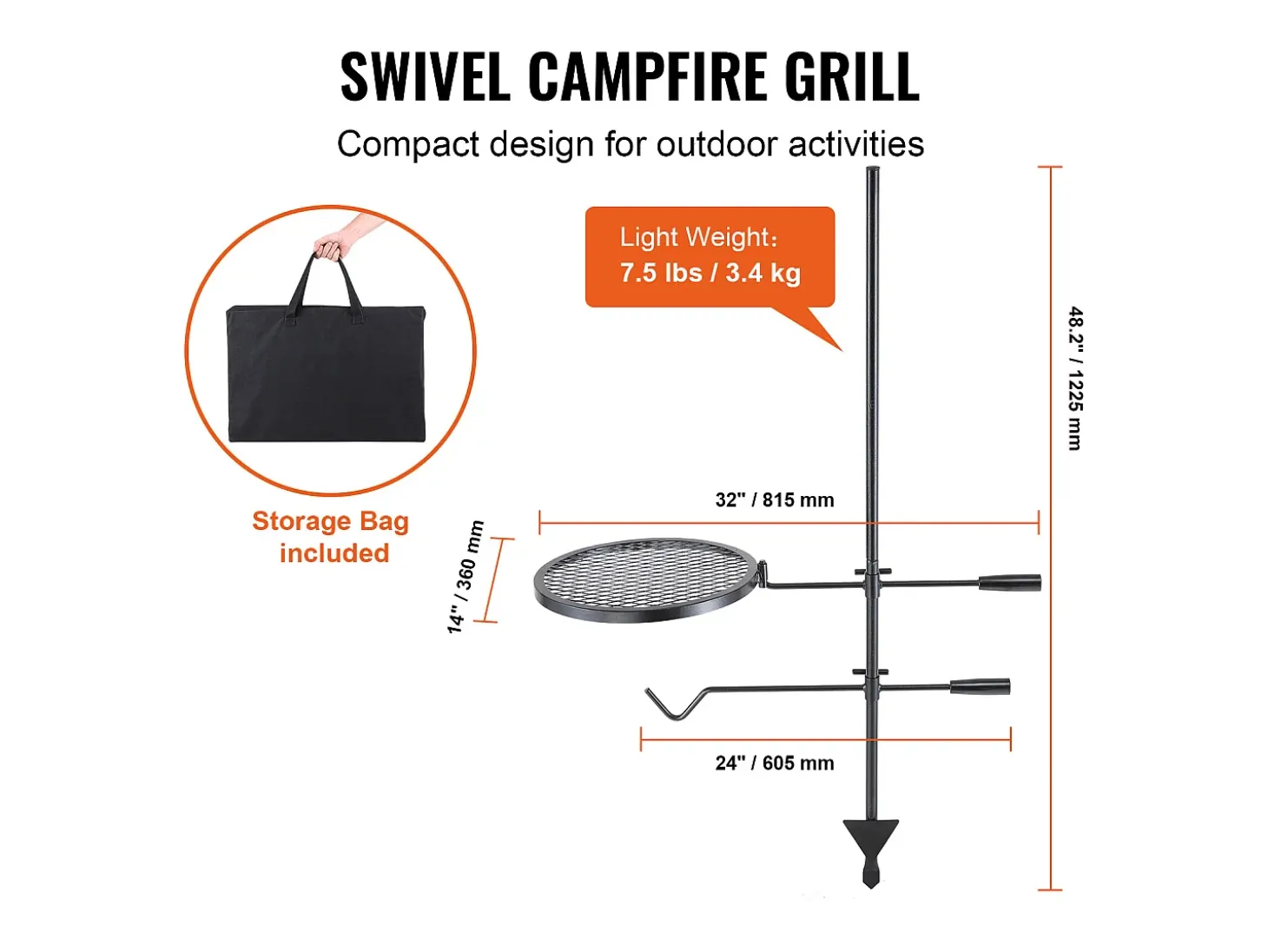 Barbacoa, SucceBuy Barbacoa Giratoria para Campamento, de Acero Resistente, con Rejilla Ajustable para Fuego Abierto, para Exteriores