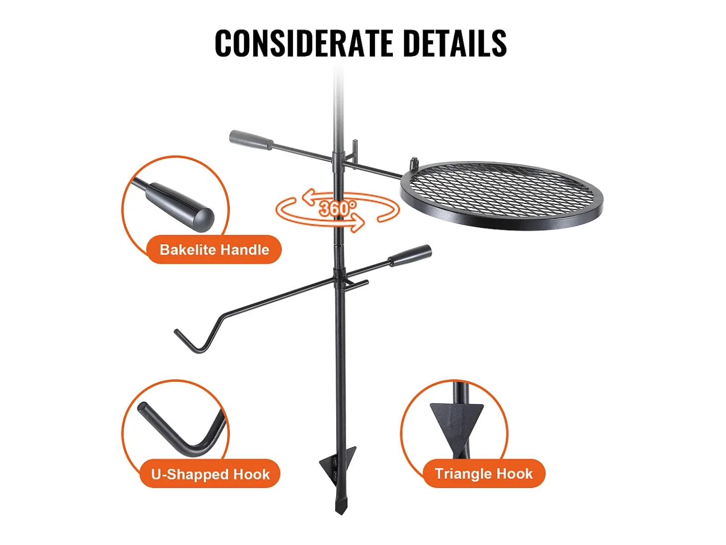 Barbacoa, SucceBuy Barbacoa Giratoria para Campamento, de Acero Resistente, con Rejilla Ajustable para Fuego Abierto, para Exteriores
