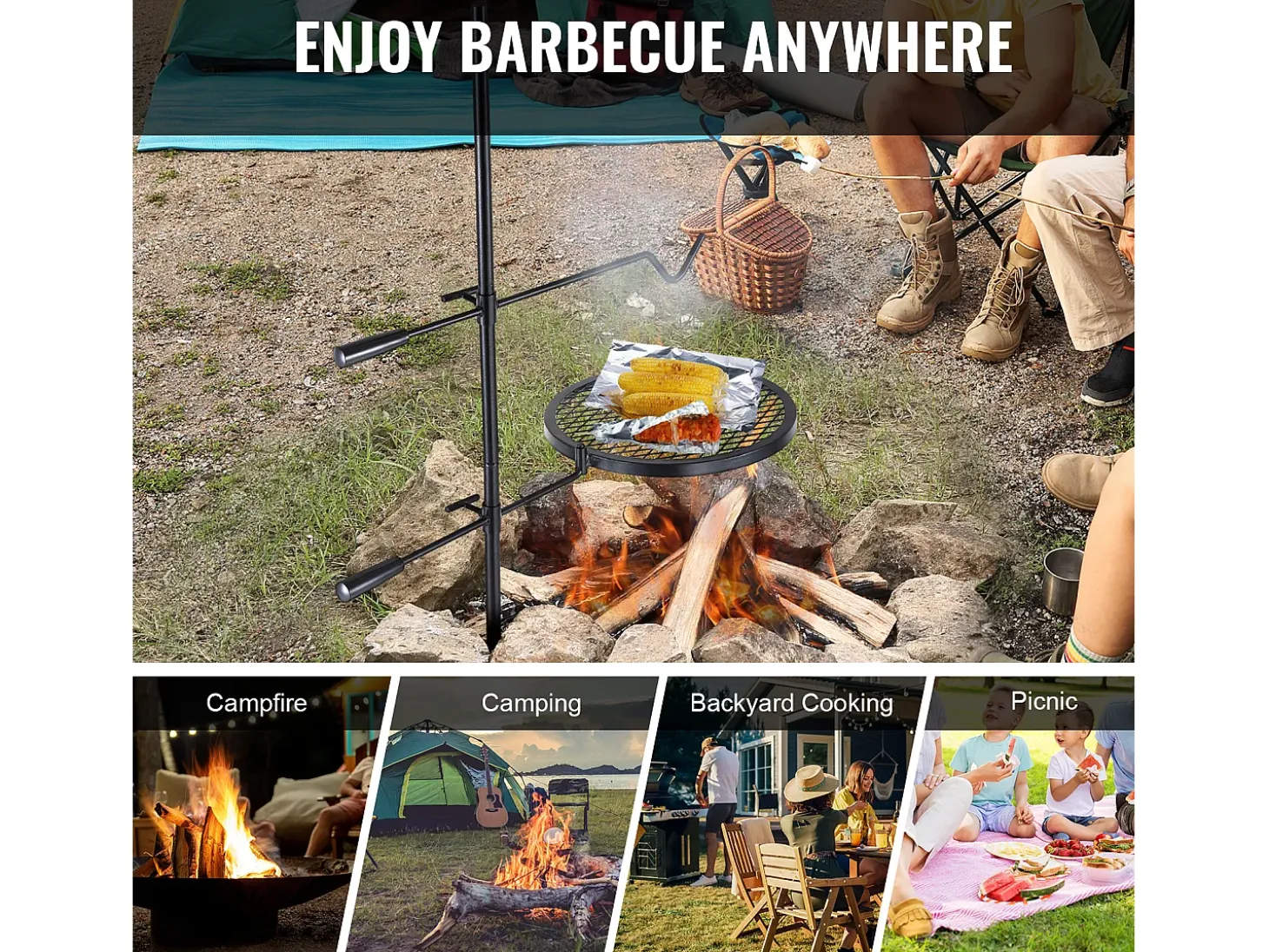 Barbacoa, SucceBuy Barbacoa Giratoria para Campamento, de Acero Resistente, con Rejilla Ajustable para Fuego Abierto, para Exteriores