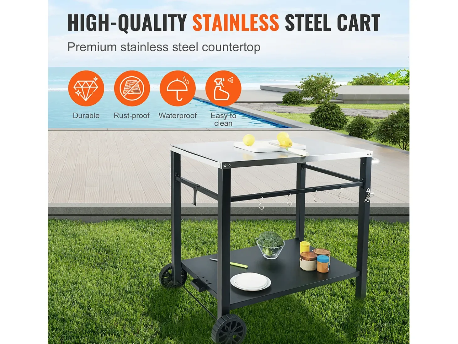 Barbecue a Gas SucceBuy Carrito de Comedor para Barbecue Exterior, Carrito de Preparación de Alimentos Móvil de Doble Estante para la Terraza