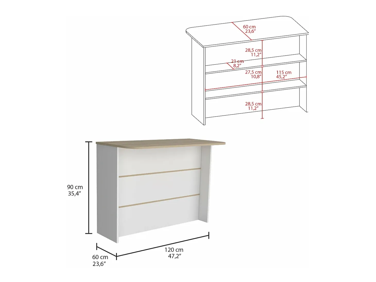 Barra de Cocina Fendi en melamina con tres estantes , 90 X 120 X 60 cm , Blanco / Miel