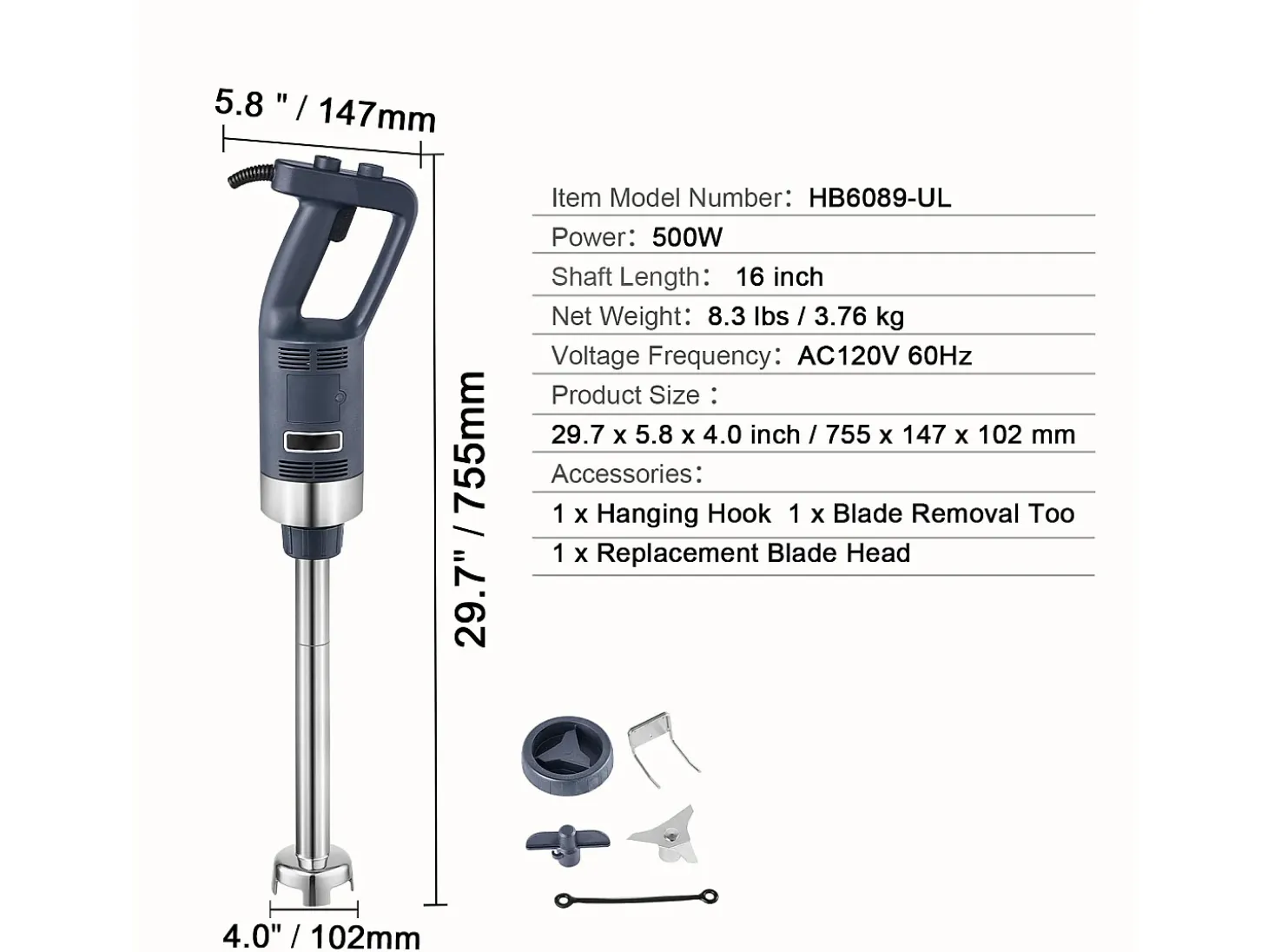 Batidora de Inmersión Comercial SucceBuy, 500 W, Velocidad Variable, Ideal para Diversas Salsas, Sopas y Más
