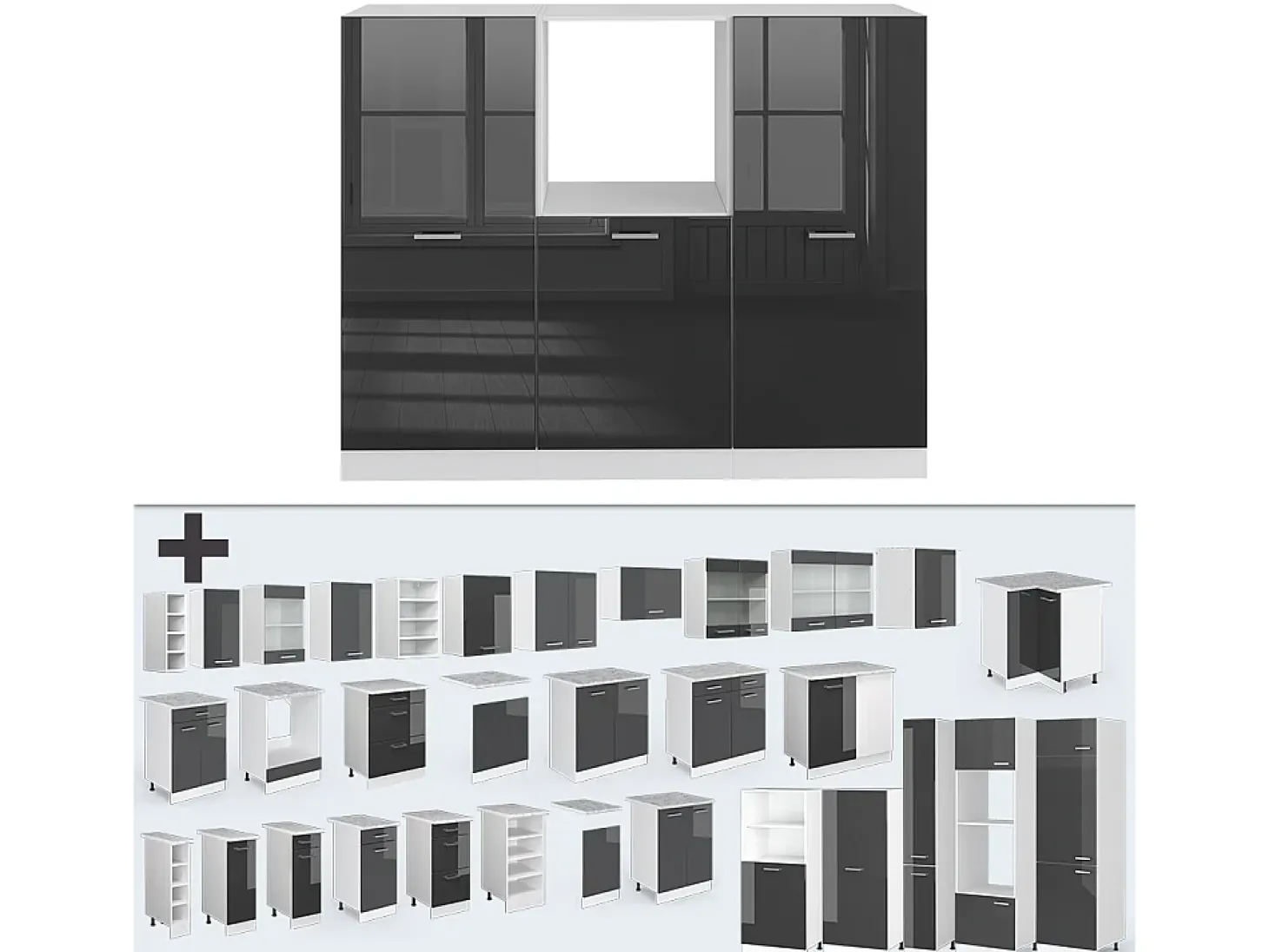 Bloque de cocina antracita brillo intenso/blanco 180x46x81.6 r-line