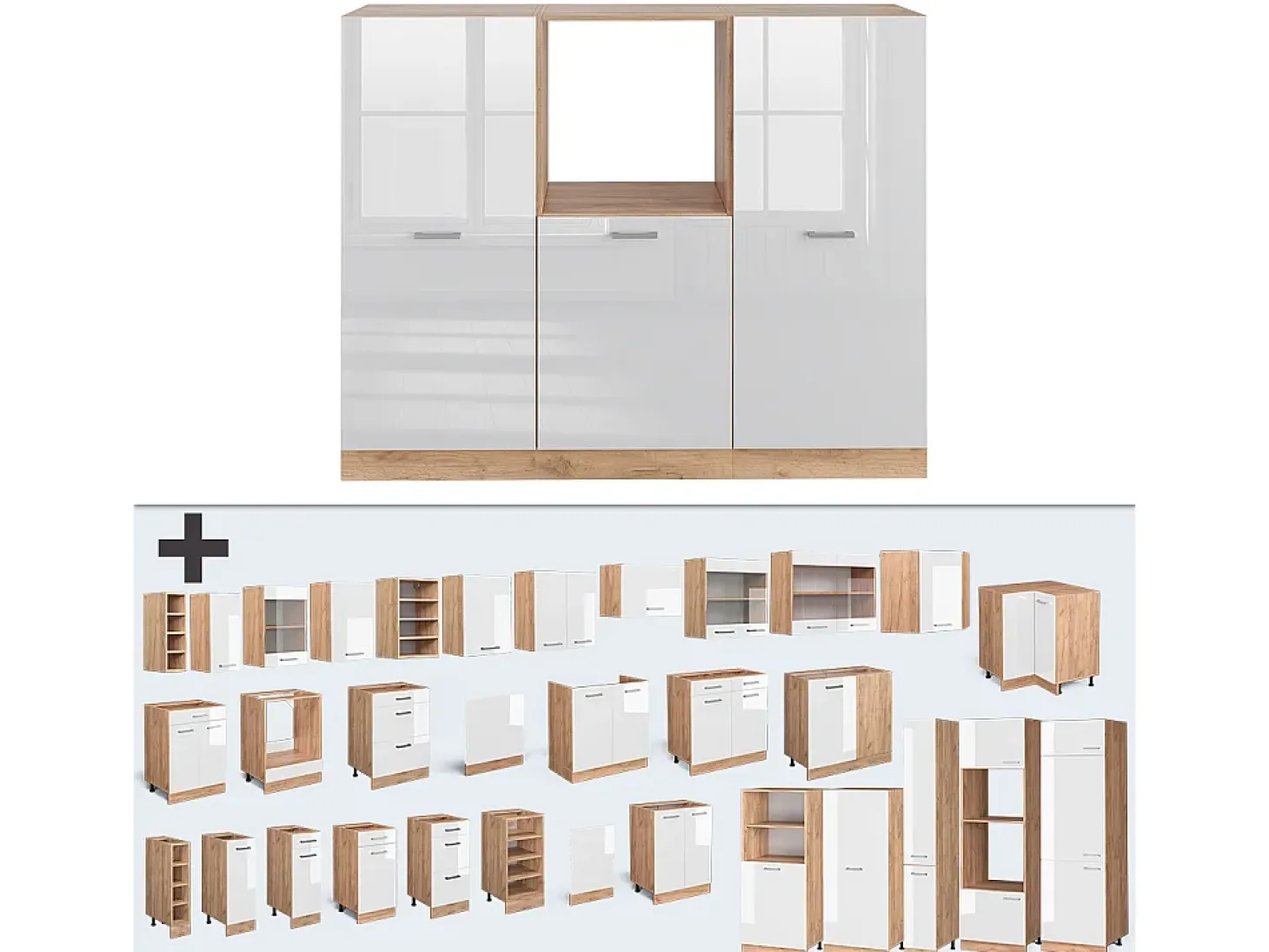 Bloque de cocina blanco brillo intenso/roble dorado 180x46x81.6 r-line