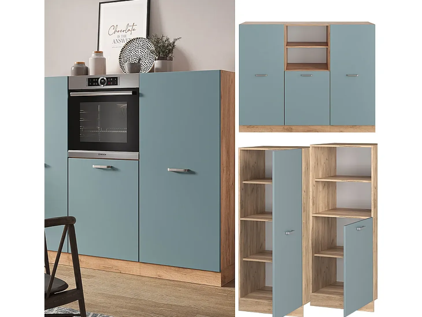 Bloque de cocina roble azul-gris-dorado 180x46x81.6 r-line
