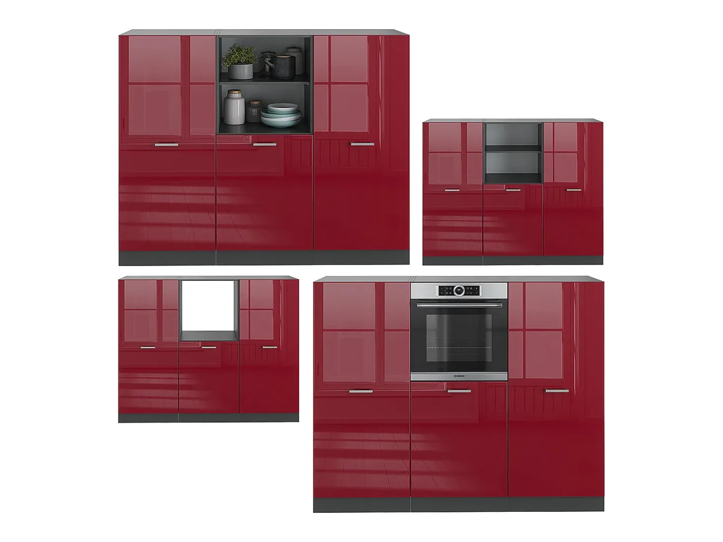 Bloque de cocina rojo brillo intenso/antracita 180x46x81.6 r-line