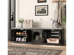 Bufé oculto para gatos - 140 x 40 x 45,5 cm - Rascador integrado y ventilación - con 3 puertas - aglomerado - negro