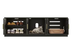 Bufé oculto para gatos - 140 x 40 x 45,5 cm - Rascador integrado y ventilación - con 3 puertas - aglomerado - negro