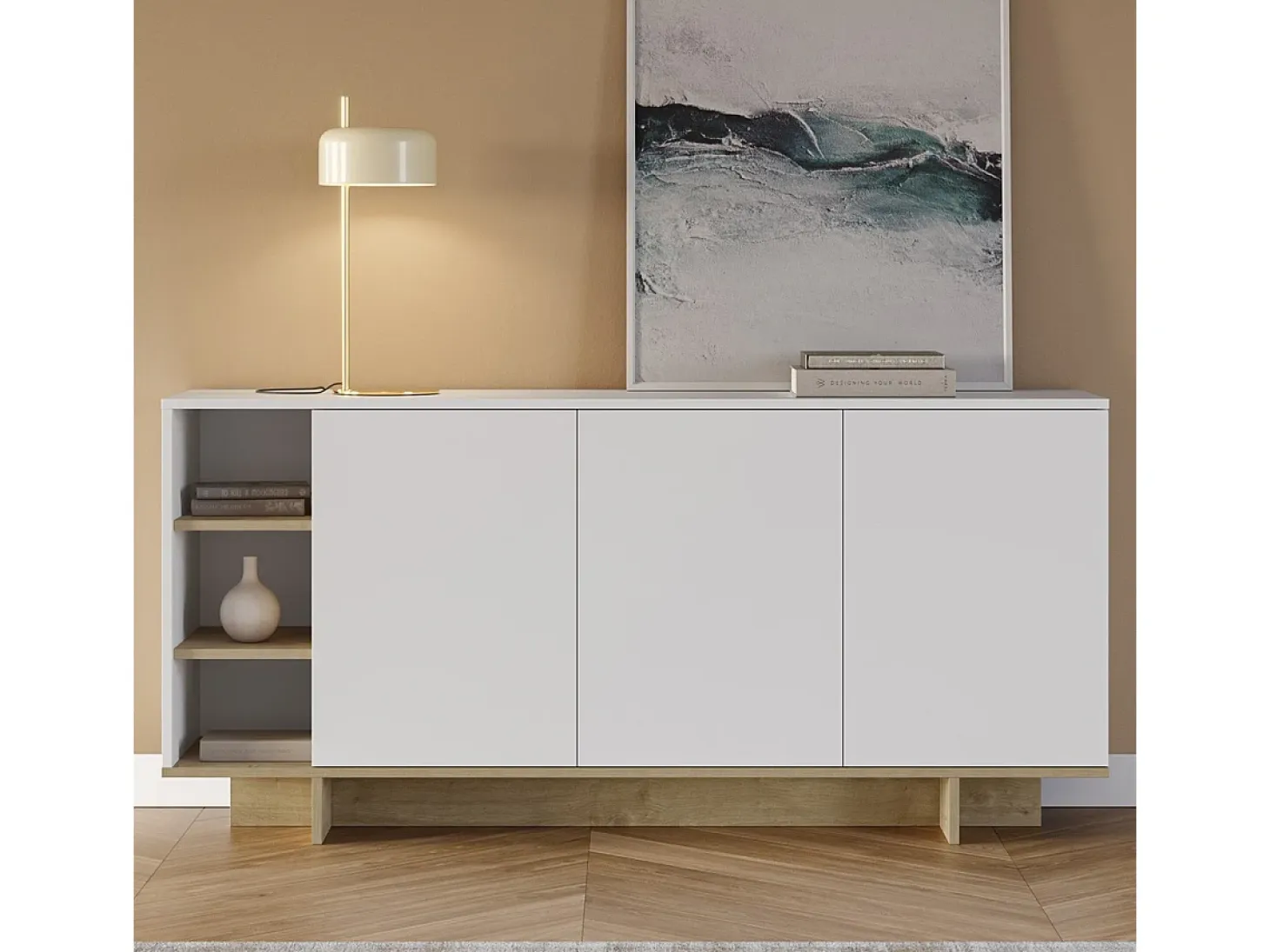 Buffet 3 portes blanc et décor chêne 170 cm - Alicia