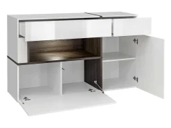 Buffet 2 puertas 2 cajones CRISS con LED – Blanco brillante y madera – Diseño moderno